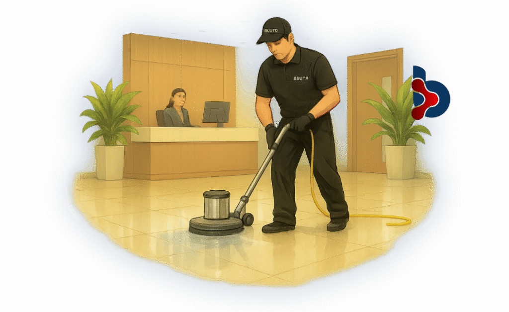 Desenho De Um Funcionario Bizlimp Lavando O Piso De Uma Empresa Em Belem