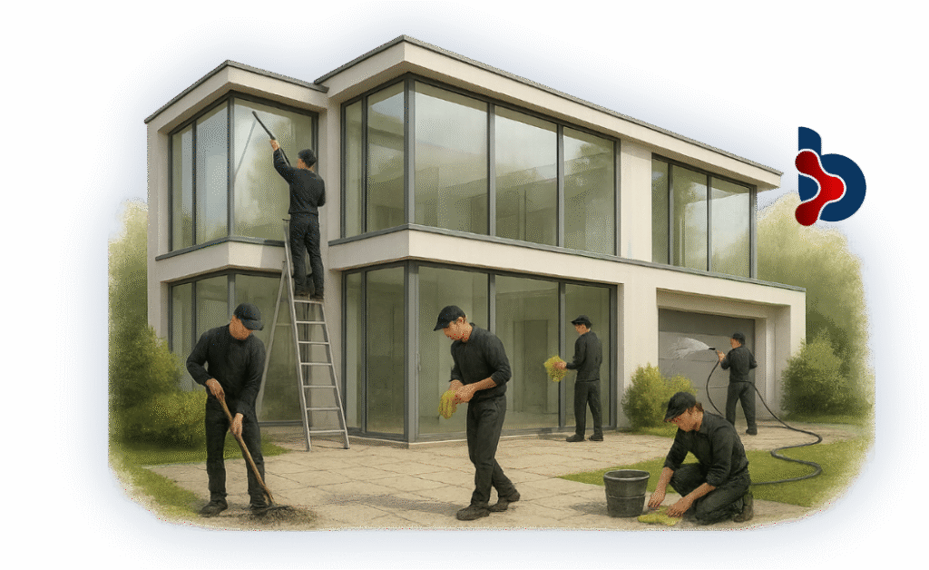 Desenho De Uma Casa De Alto Padrao Com Colaboradores Uniformizados De Preto Fazendo Limpeza Pos Obra