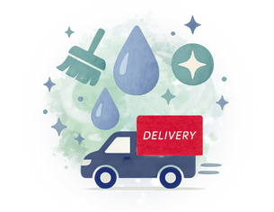 Icones De Limpeza E Caminhao Delivery Azul Com Bau Vermelho