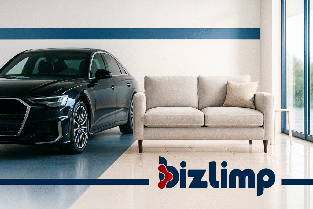 Imagem Institucional Bizlimp Em Ambiente Interno Clean Com Um Carro Limpo Um Sofa E Uma Porta De Vidro E Logo Bizlimp